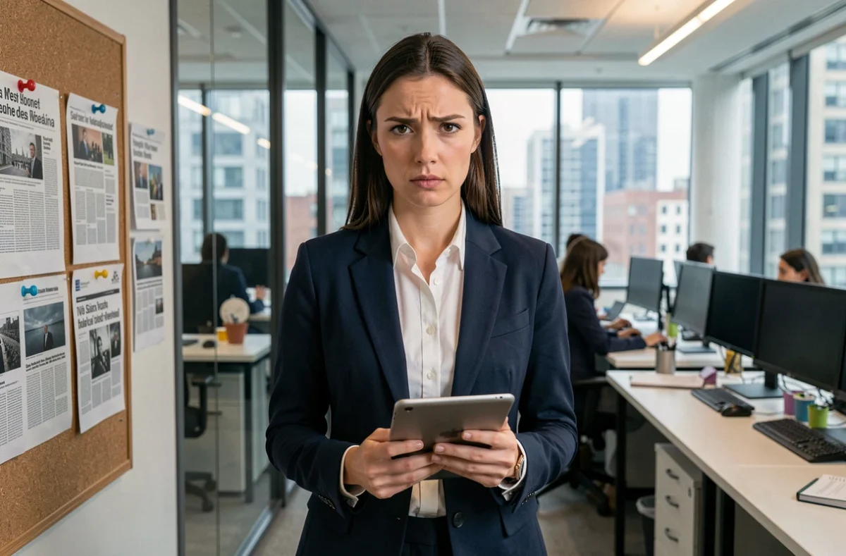 Journaliste dans une salle de rédaction moderne tenant une tablette avec une expression sérieuse, symbolisant les questions d'éthique journalistique et de vie privée