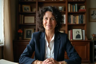 Femme journaliste aux cheveux bouclés assise à un bureau entouré de livres et de photos de famille, évoquant l'histoire familiale de Judith Waintraub