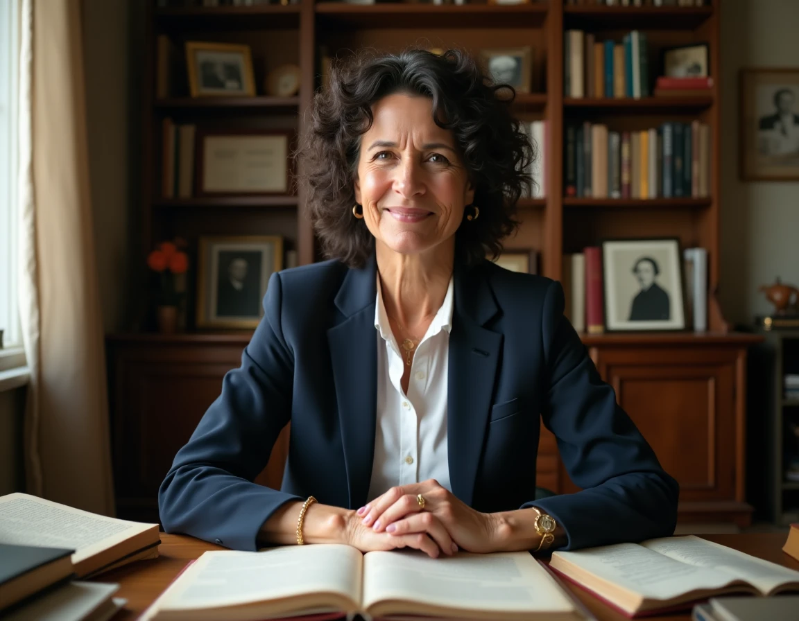 Femme journaliste aux cheveux bouclés assise à un bureau entouré de livres et de photos de famille, évoquant l'histoire familiale de Judith Waintraub