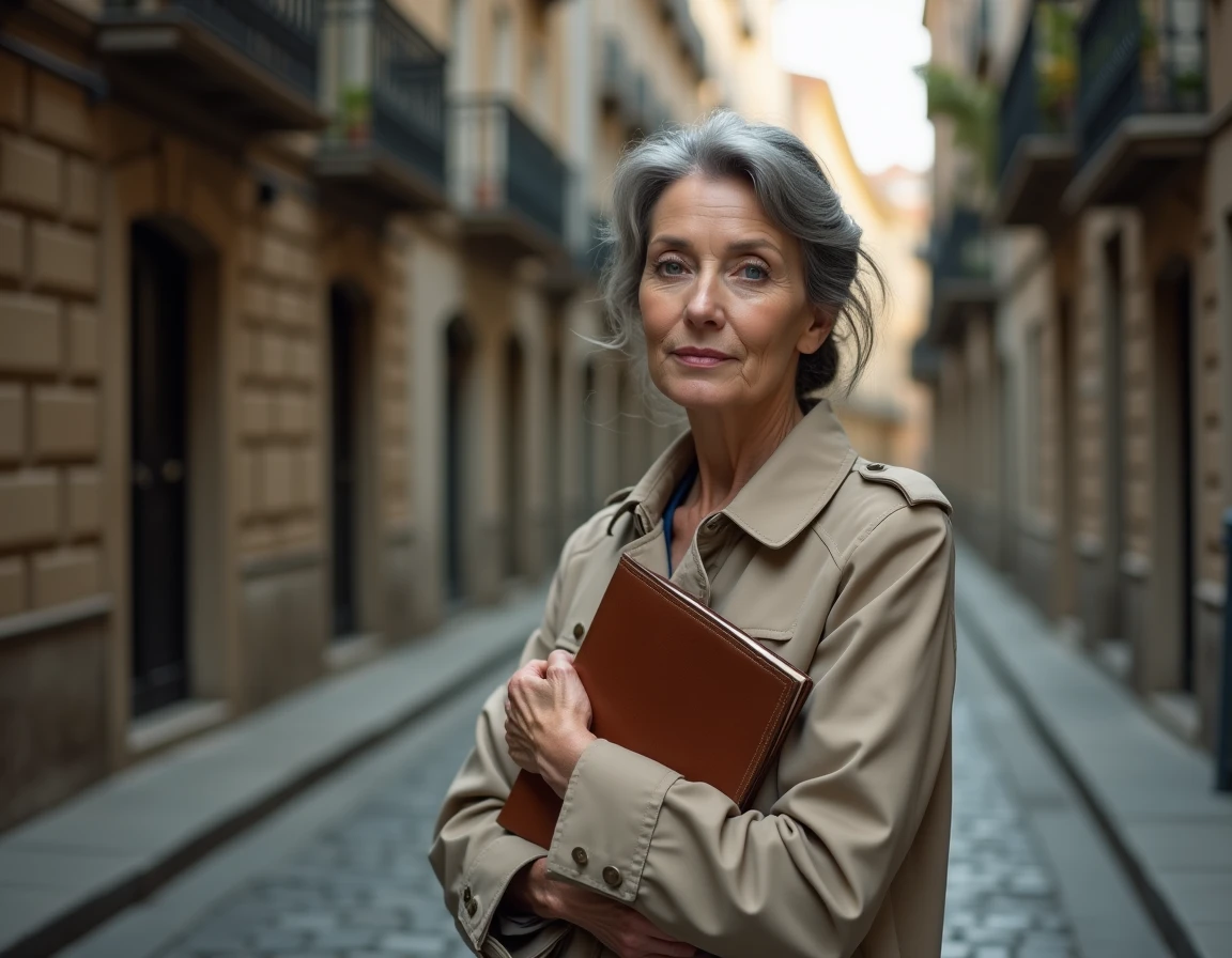 Femme élégante aux cheveux grisonnants tenant un journal en cuir dans une rue pavée européenne, symbolisant la quête des origines et de l'identité familiale
