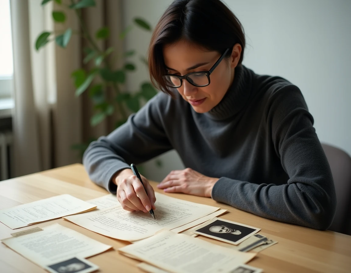 Journaliste aux lunettes de lecture examinant de vieux documents et photos de famille sépia sur une table en chêne, illustrant la recherche des origines de Judith Waintraub