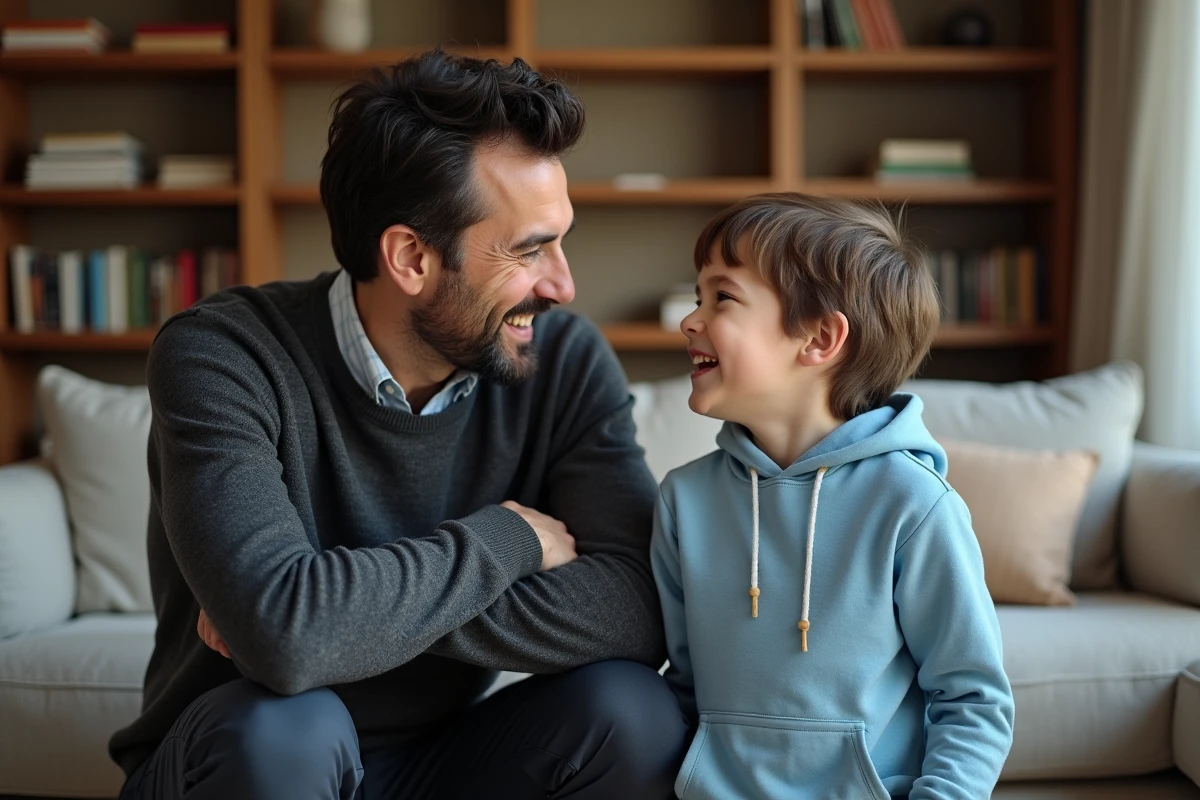 Père et jeune fils partageant un moment de complicité dans un appartement parisien chaleureux