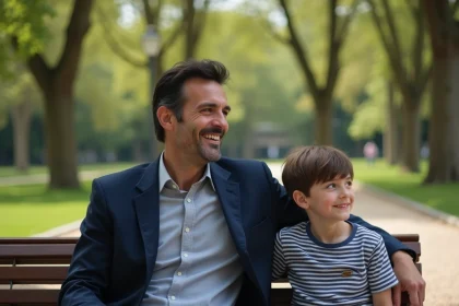 Julian Bugier souriant avec son fils dans un jardin parisien, scène familiale naturelle et chaleureuse