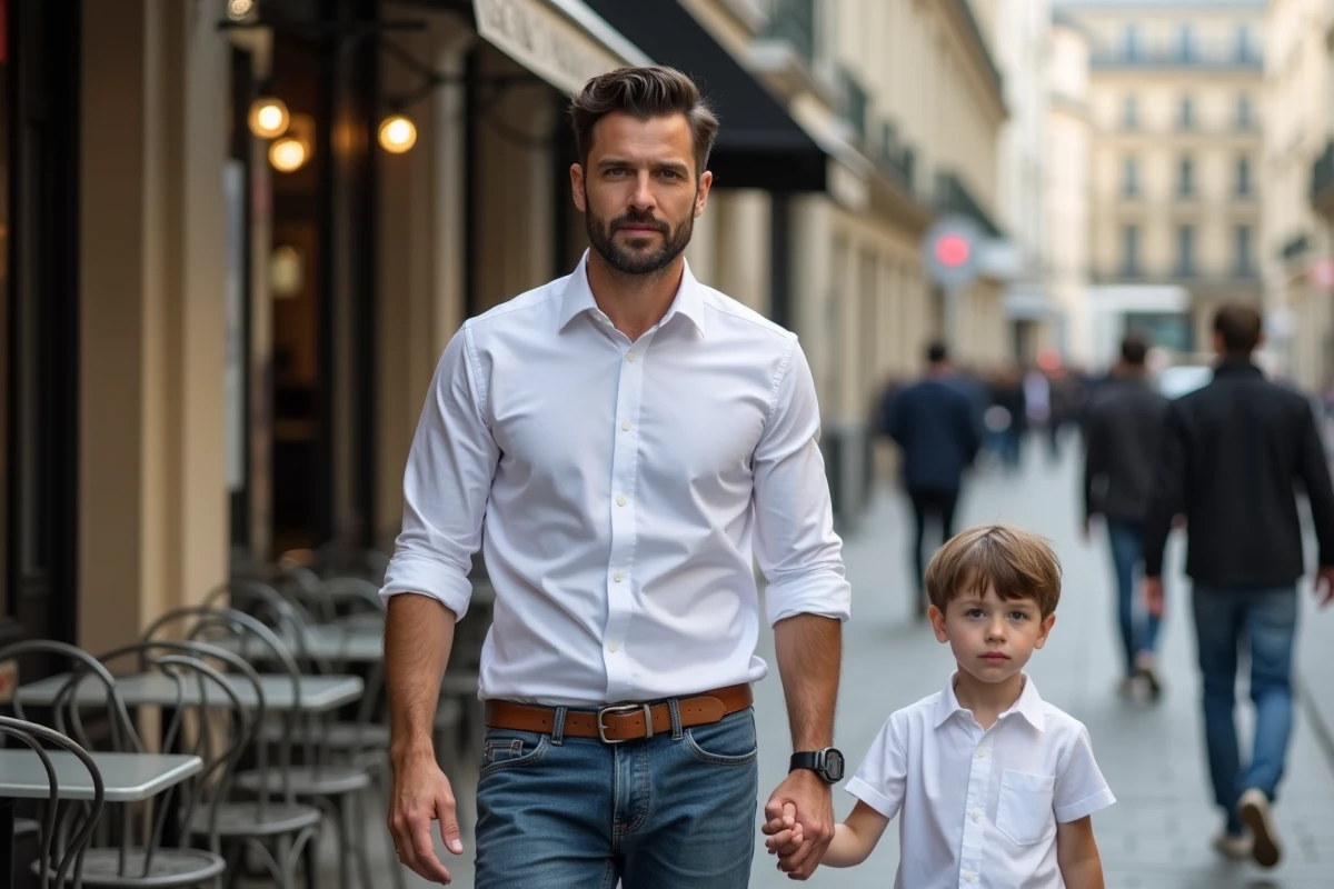 Un père et son fils se promenant main dans la main sur un trottoir parisien, scène de vie authentique