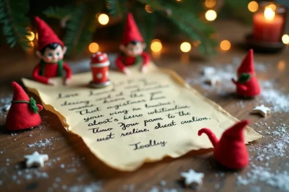 Lettre de lutin farceur manuscrite sur parchemin entourée de figurines elfes espiègles sur table en bois rustique pour Noël