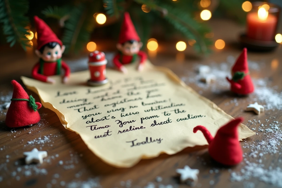 Lettre de lutin farceur manuscrite sur parchemin entourée de figurines elfes espiègles sur table en bois rustique pour Noël
