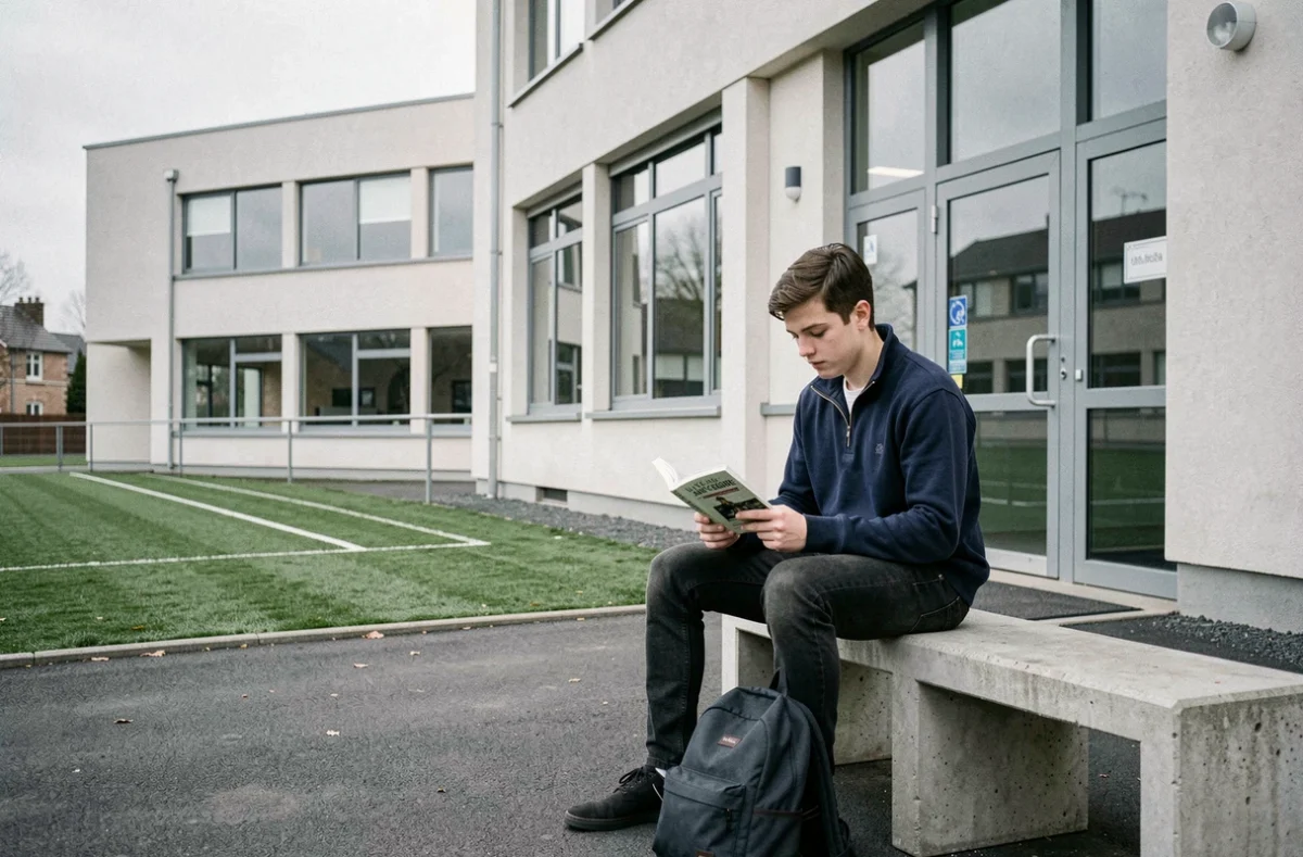 Un lycéen du Lycée Saint-Grégoire de Tours lisant un livre assis sur un banc devant la façade moderniste de l'établissement