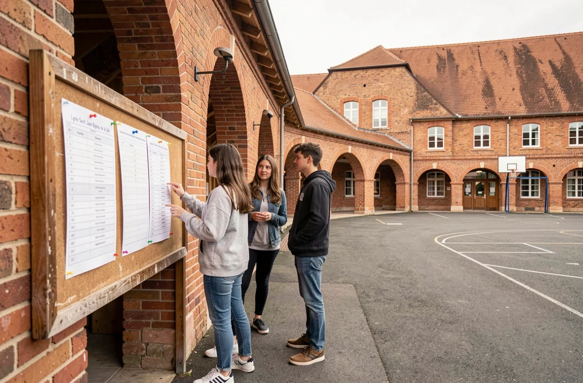 Trois élèves du Lycée Saint-Jean-Baptiste de la Salle de Bourges consultant l'emploi du temps affiché sous les arcades en briques rouges