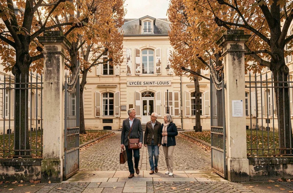 Un enseignant et des élèves du Lycée Saint-Louis de Montargis se promenant dans la cour intérieure aux arbres automnaux