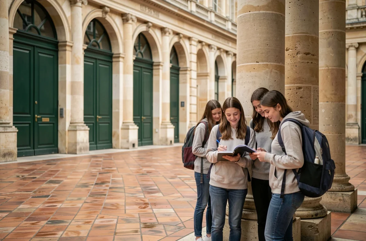 Groupe d'étudiantes du Lycée Sainte-Croix-Saint-Euverte d'Orléans discutant dans la cour néoclassique de l'établissement