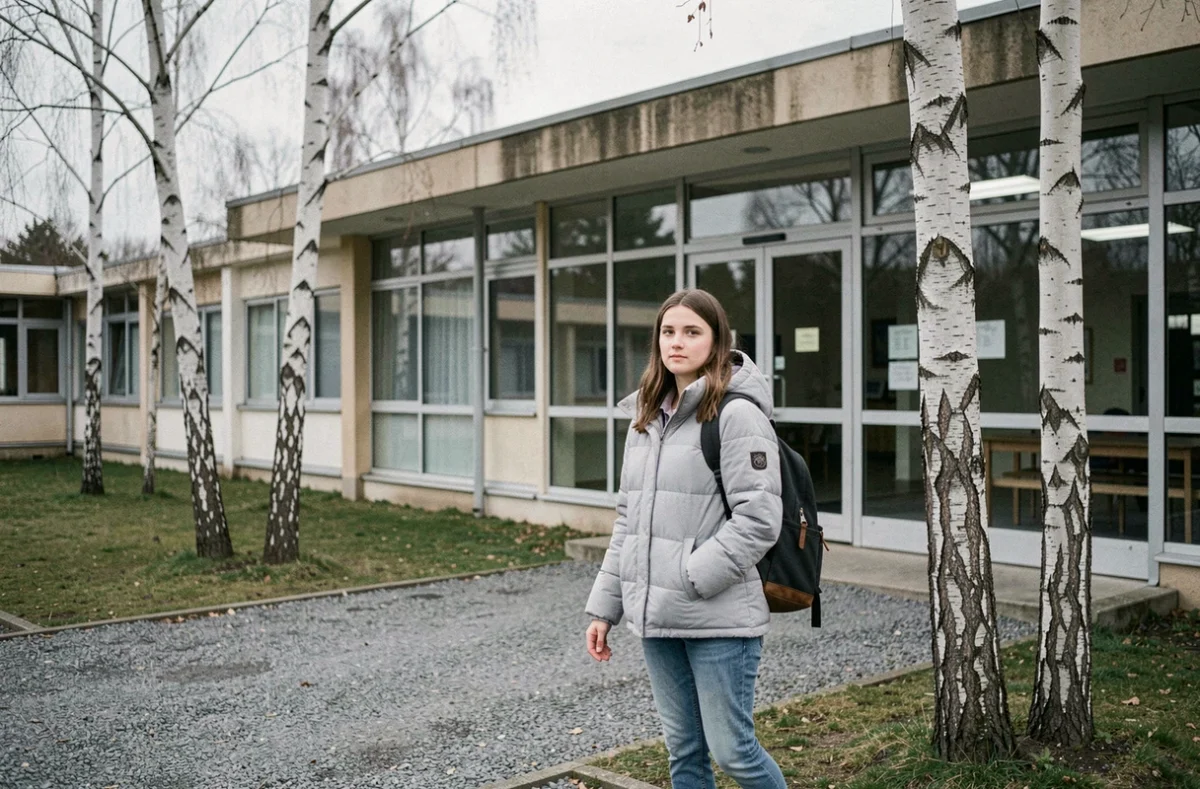 Une élève du Lycée Sainte-Marguerite de Chambray-lès-Tours marchant vers l'entrée vitrée du campus suburbain entouré de bouleaux