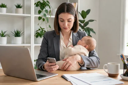 Maman active travaillant sur son ordinateur portable tout en tenant son bébé endormi dans un bureau à domicile moderne