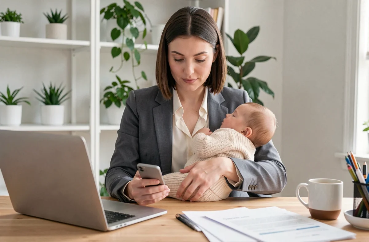 Maman active travaillant sur son ordinateur portable tout en tenant son bébé endormi dans un bureau à domicile moderne
