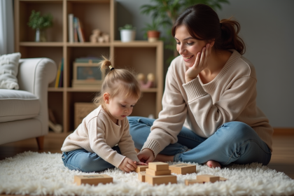 Maman et fille jouant avec des blocs en bois dans le salon