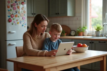 M&egrave;re et enfant regardant une tablette &agrave; la cuisine
