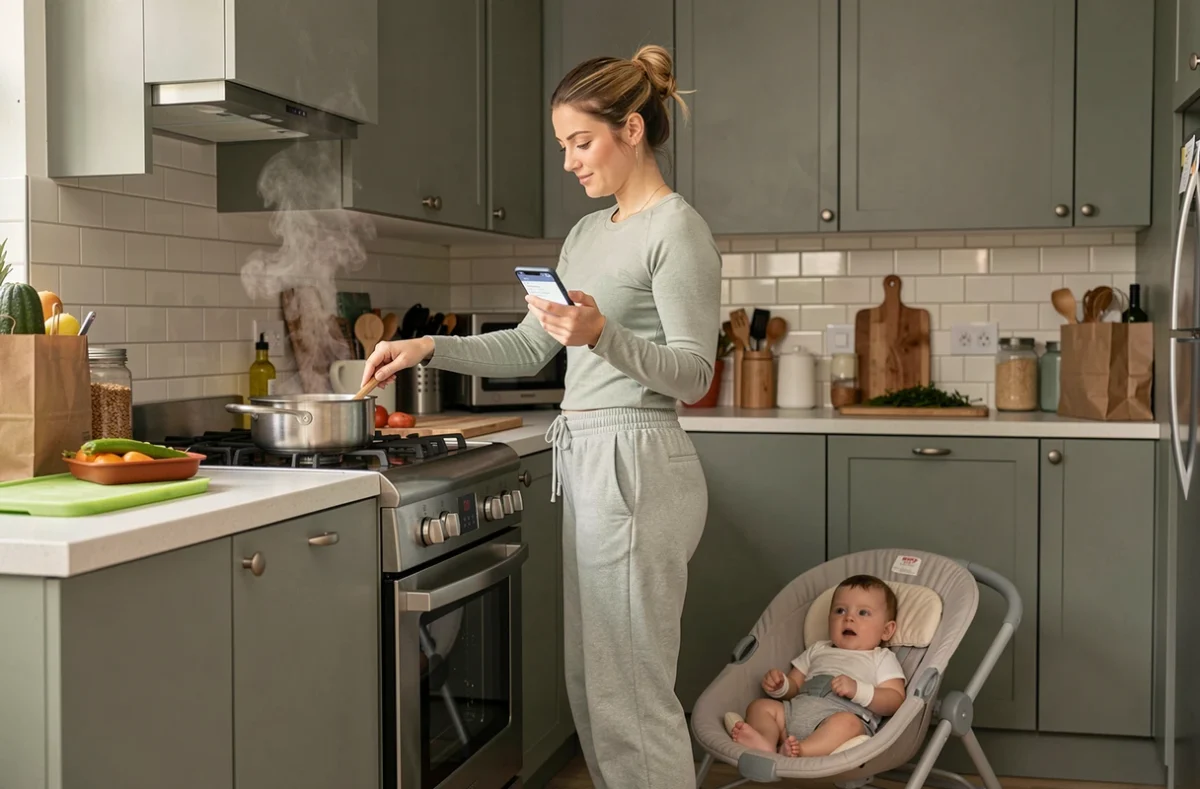 Jeune maman multitâche préparant le repas dans la cuisine tout en surveillant son bébé dans un transat