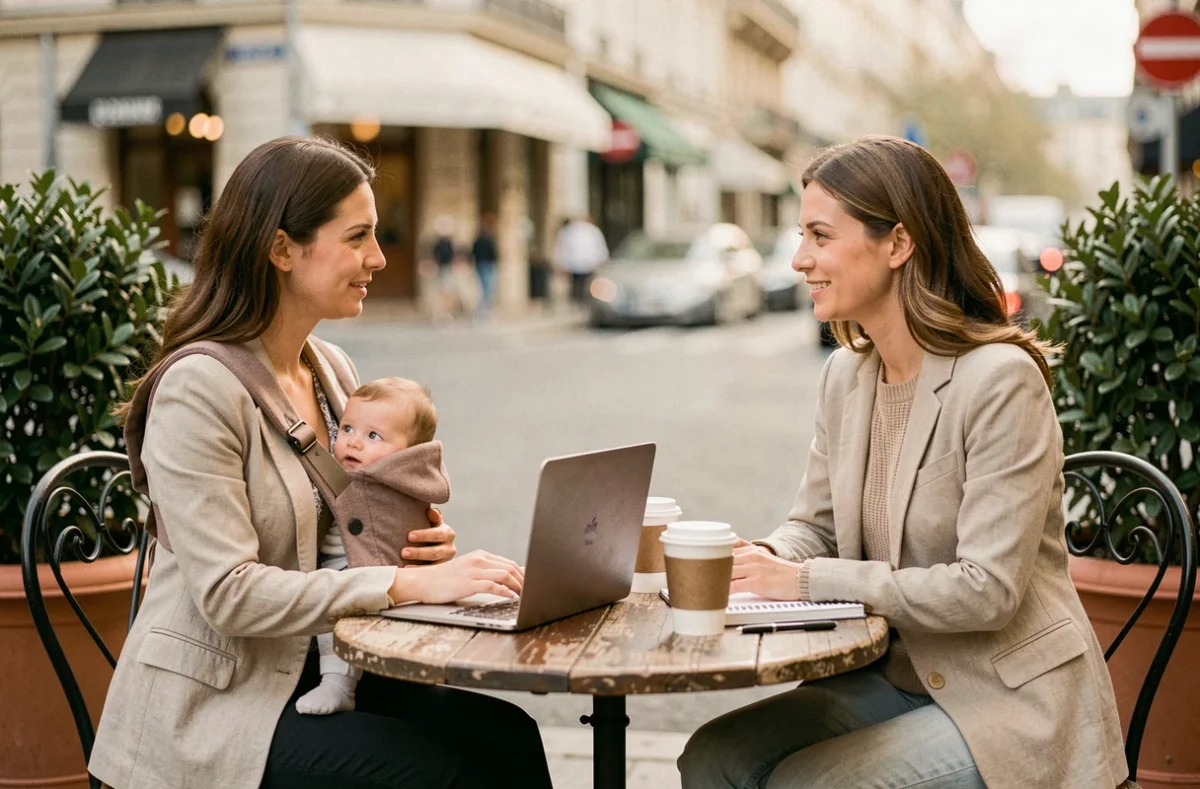 Deux mamans professionnelles en réunion de travail en terrasse de café, l'une portant son bébé en écharpe de portage
