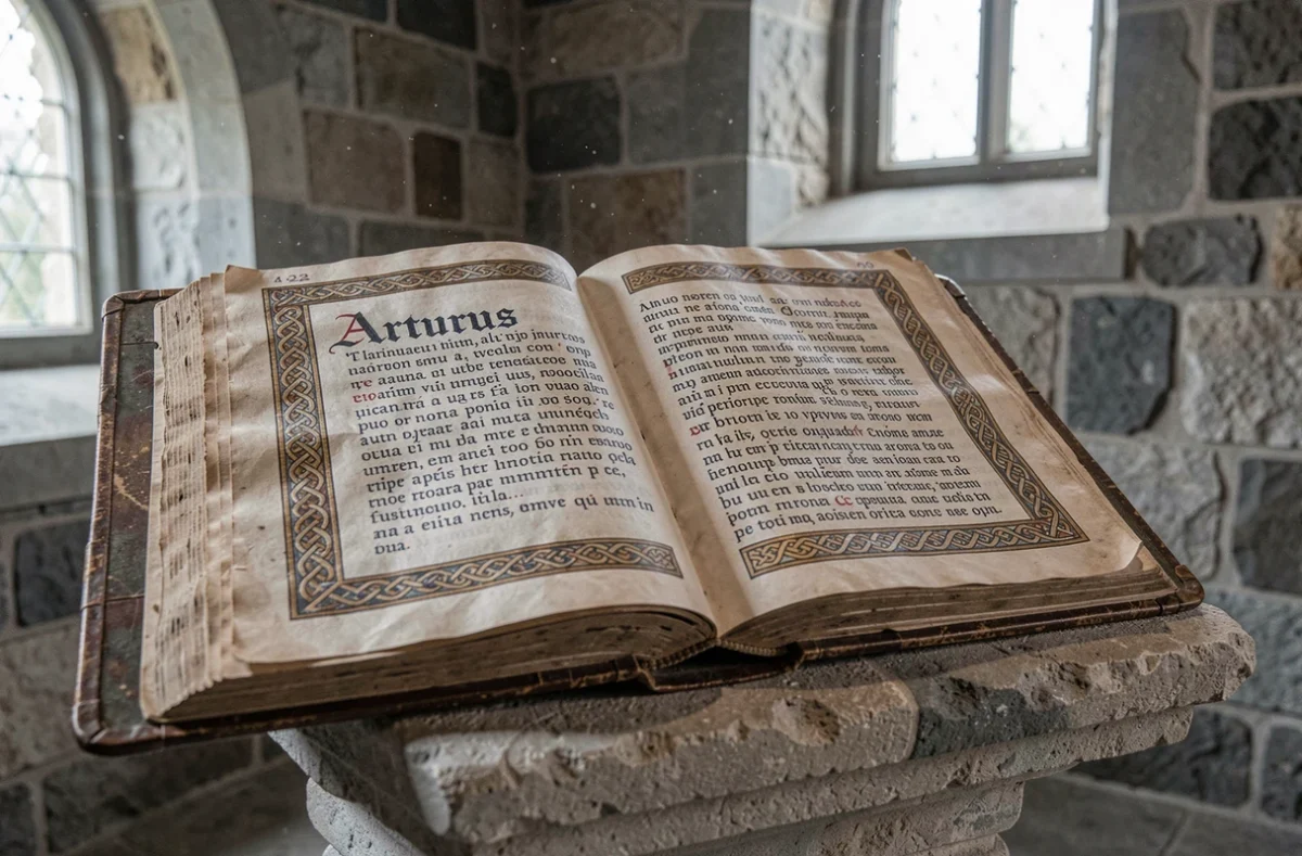 Manuscrit médiéval ancien avec le nom latin Arturus inscrit en calligraphie dans une chapelle romane en pierre