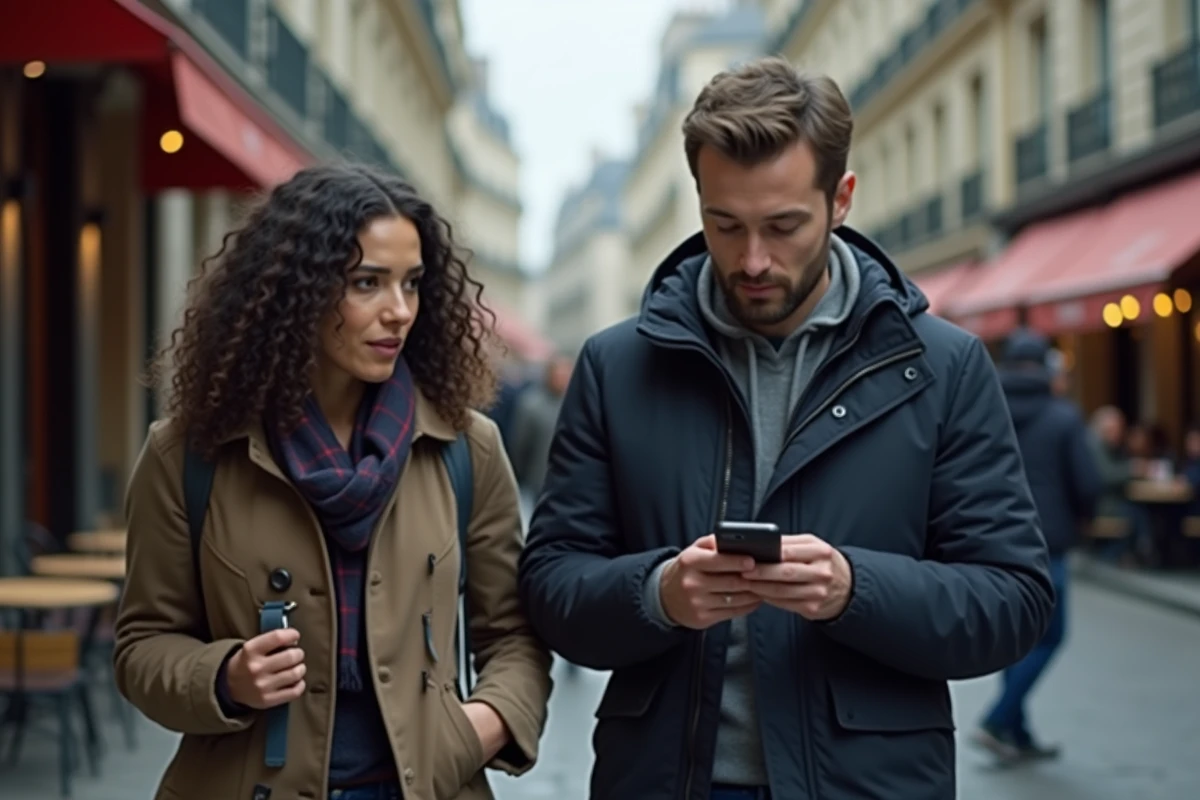 Homme discret marchant dans une rue parisienne en arrière-plan d'une femme publique, ambiance documentaire urbaine