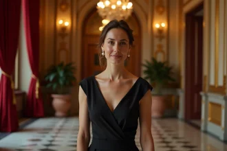 Portrait élégant d'une soprano lyrique en robe noire dans le hall d'un opéra classique
