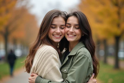 Deux meilleures amies s'embrassant chaleureusement dans un parc en automne, exprimant une amitié sincère et touchante