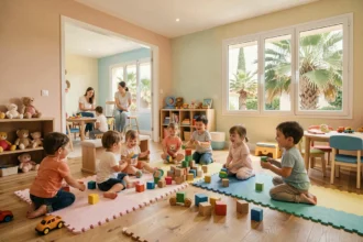 Enfants en bas âge jouant dans une crèche moderne des Alpes-Maritimes avec des jouets colorés et un jardin méditerranéen en arrière-plan