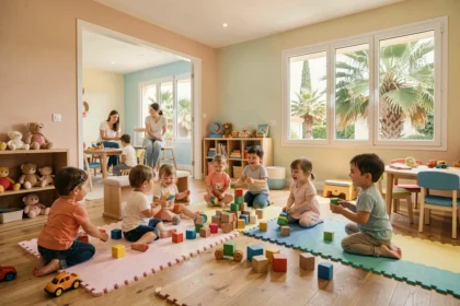 Enfants en bas âge jouant dans une crèche moderne des Alpes-Maritimes avec des jouets colorés et un jardin méditerranéen en arrière-plan