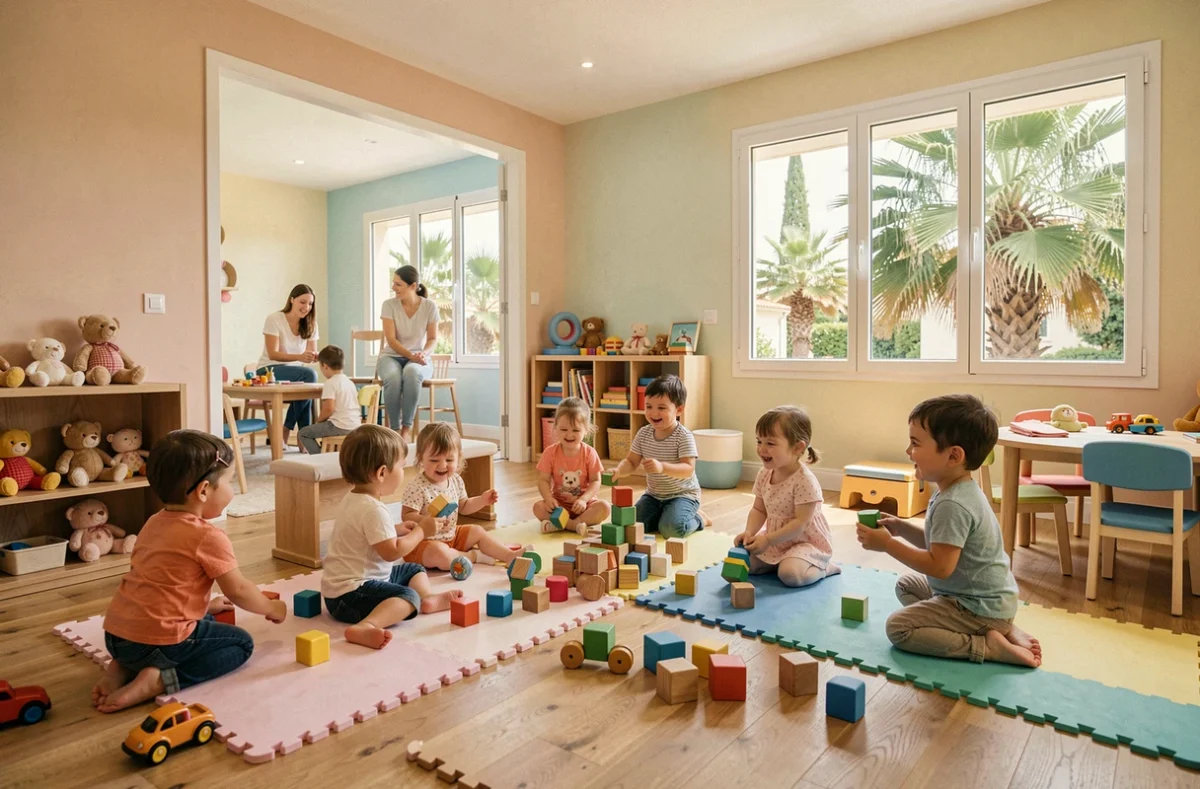 Enfants en bas âge jouant dans une crèche moderne des Alpes-Maritimes avec des jouets colorés et un jardin méditerranéen en arrière-plan