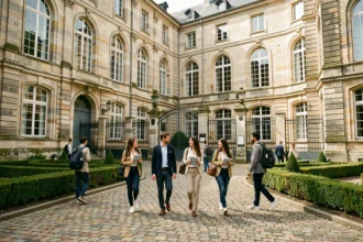 Cour intérieure d'une école privée en Centre-Val de Loire avec des élèves marchant devant une façade en pierre classique