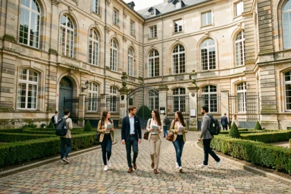 Cour intérieure d'une école privée en Centre-Val de Loire avec des élèves marchant devant une façade en pierre classique