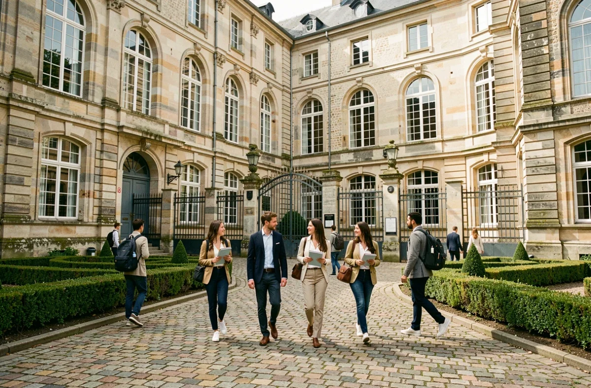 Cour intérieure d'une école privée en Centre-Val de Loire avec des élèves marchant devant une façade en pierre classique