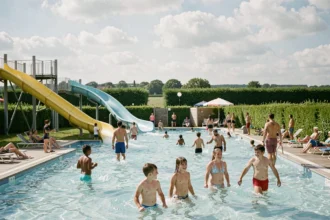 Vue d'ensemble d'un parc aquatique en Normandie avec toboggans, piscines et familles profitant des attractions aquatiques