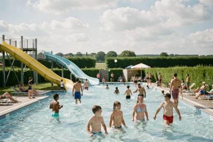 Vue d'ensemble d'un parc aquatique en Normandie avec toboggans, piscines et familles profitant des attractions aquatiques