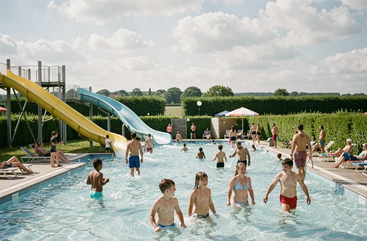 Vue d'ensemble d'un parc aquatique en Normandie avec toboggans, piscines et familles profitant des attractions aquatiques