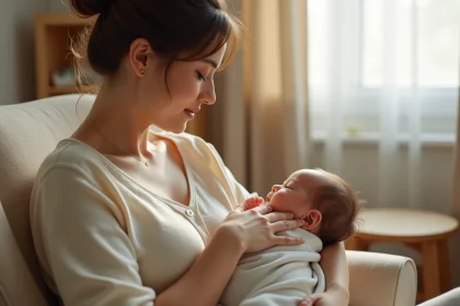 Jeune mère allaitant son nourrisson dans un fauteuil confortable dans une chambre de bébé apaisante, illustrant les pics de croissance et la lactation
