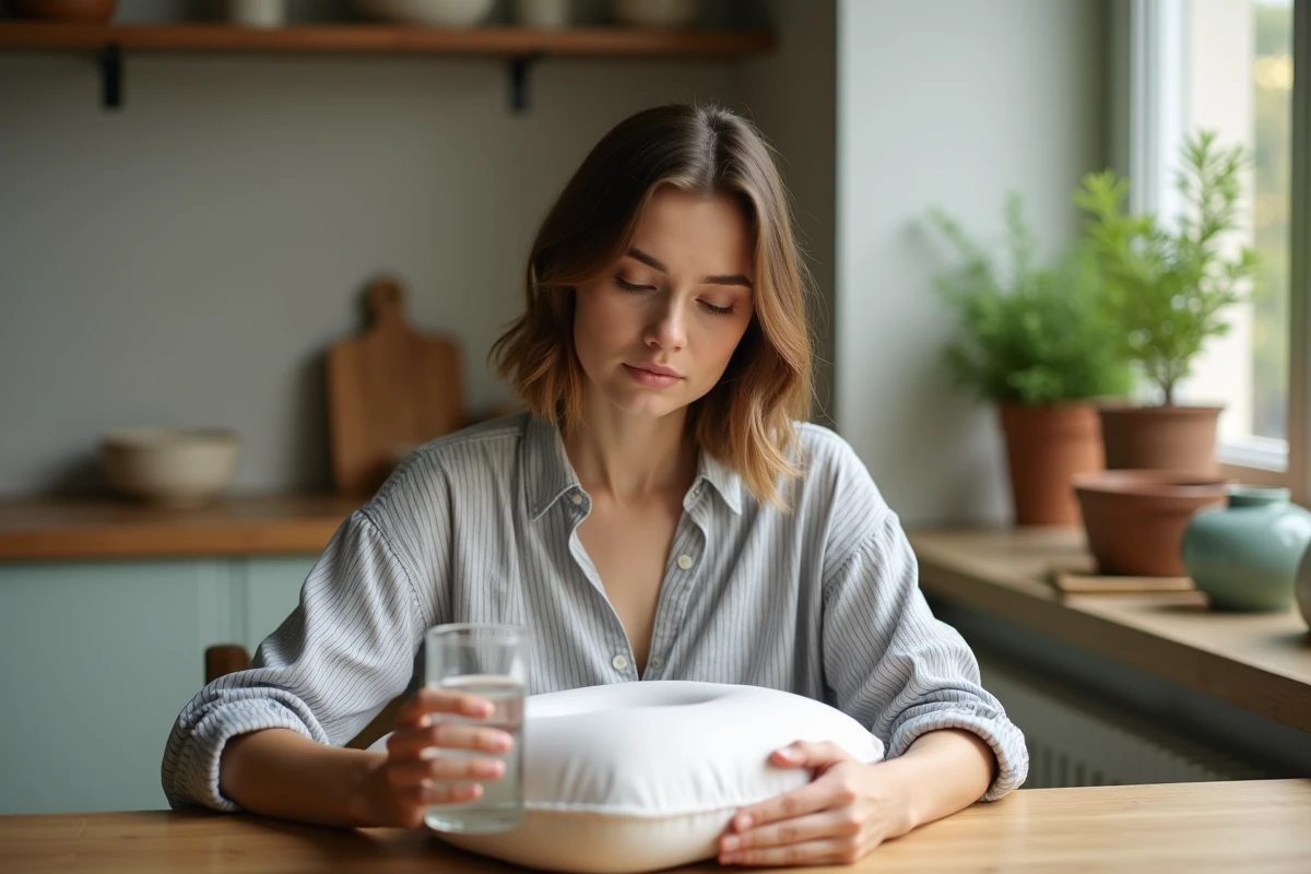Mère allaitante se reposant à la table de la cuisine avec un coussin d'allaitement, symbolisant les besoins nutritionnels pendant les pics de croissance du nourrisson