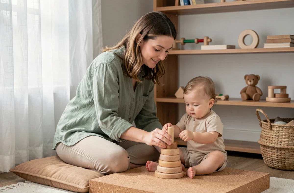 Mère accompagnant son bébé d'un an dans une activité Montessori avec des anneaux en bois dans un coin jeux épuré