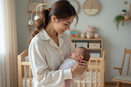 Jeune m&egrave;re en pyjamas doux couche son b&eacute;b&eacute; dans un lit en bois
