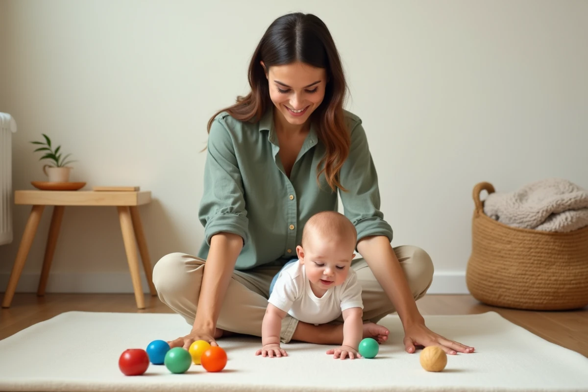 Mère pratiquant le tummy time avec son bébé sur un tapis de jeu, alternative recommandée par les pédiatres avant la position assise