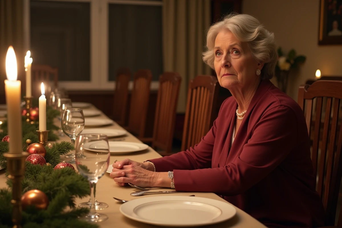 Mère seule à table lors des fêtes de famille, chaises vides autour d'elle, expression mélancolique