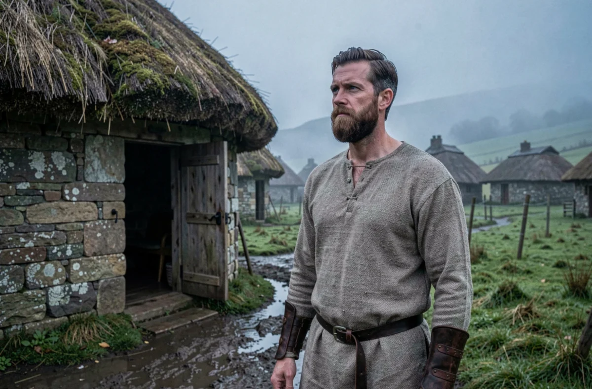Homme d'inspiration celtique en costume médiéval devant une maison ronde en pierre dans un paysage brumeux évoquant les légendes arthuriennes