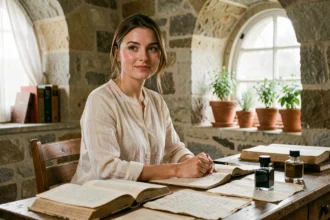 Jeune femme pensive entourée de livres et notes étymologiques évoquant l'origine et la symbolique du prénom Lisa