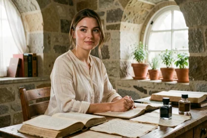 Jeune femme pensive entourée de livres et notes étymologiques évoquant l'origine et la symbolique du prénom Lisa