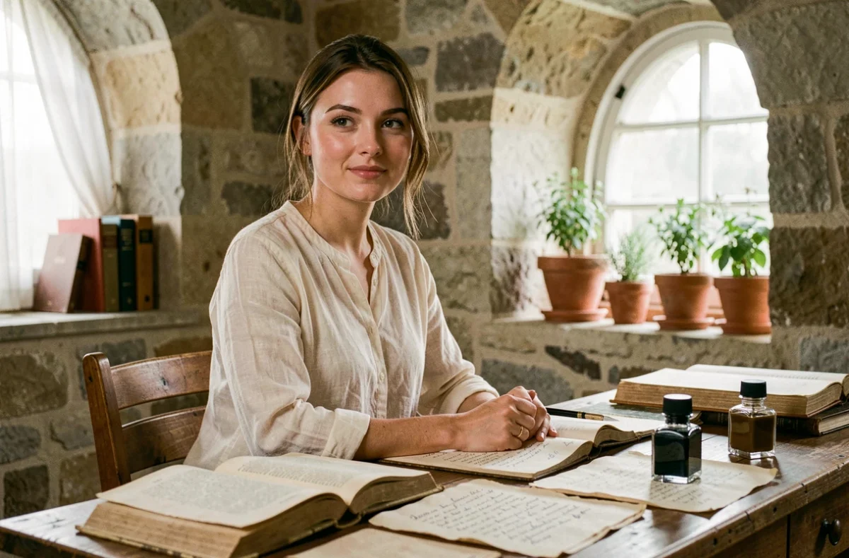 Jeune femme pensive entourée de livres et notes étymologiques évoquant l'origine et la symbolique du prénom Lisa