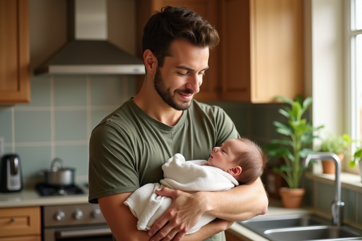 Père souriant tient sa fille dans une cuisine lumineuse