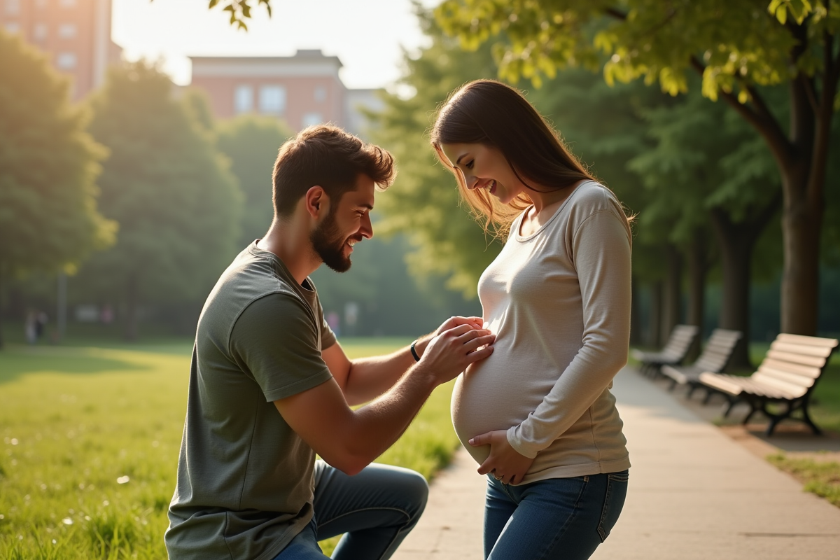 Pere souriant avec sa partenaire enceinte dans un parc urbain