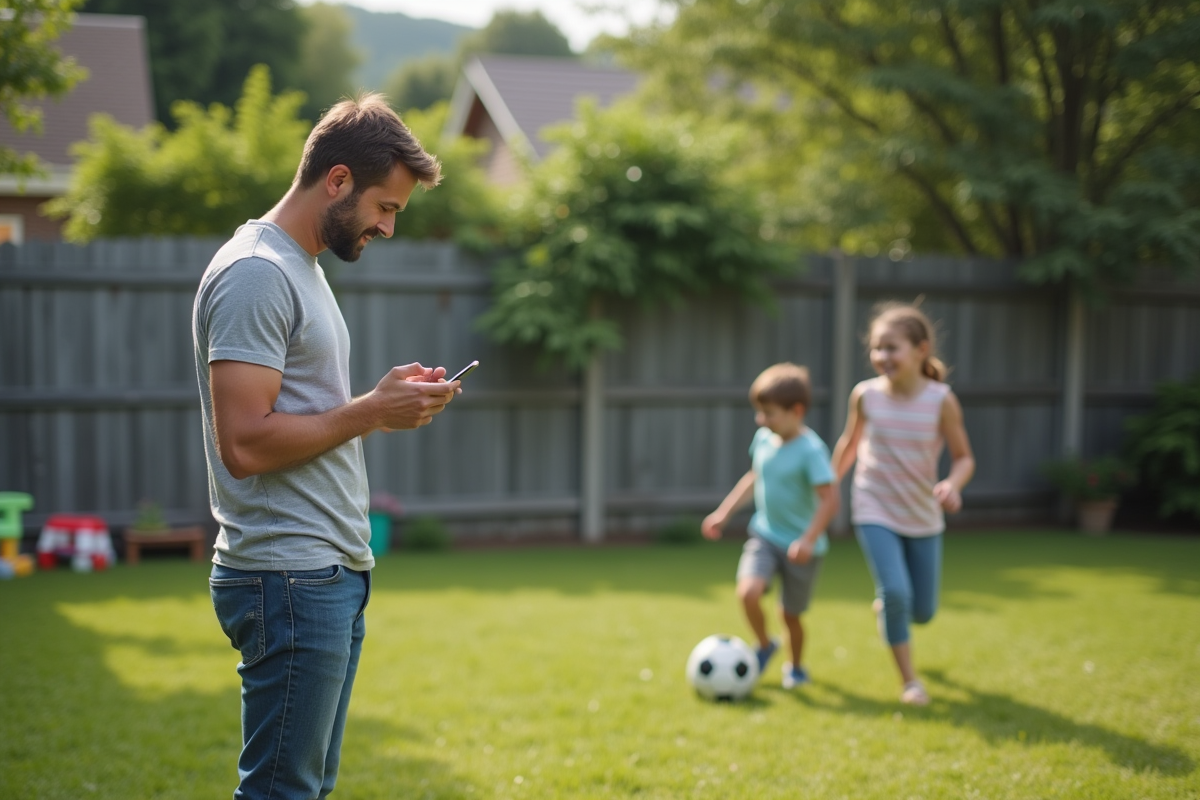 Père regardant son smartphone en jouant avec ses enfants dans le jardin