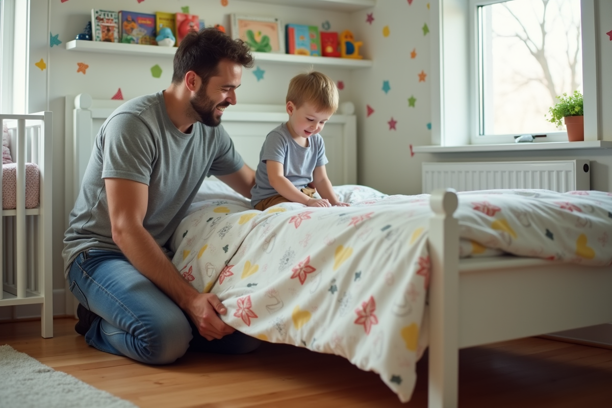Père et enfant faisant le lit dans la chambre