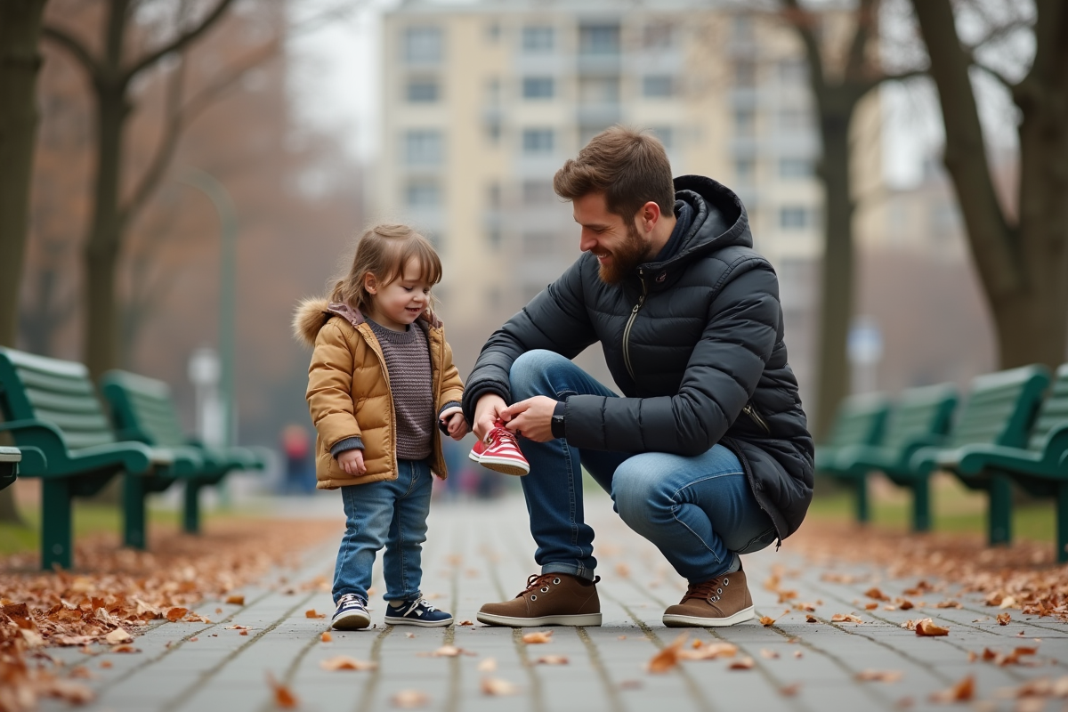 Père attache la chaussure de sa fille dans un parc urbain