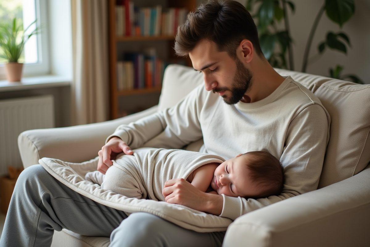 Père et bébé dans un salon chaleureux et accueillant